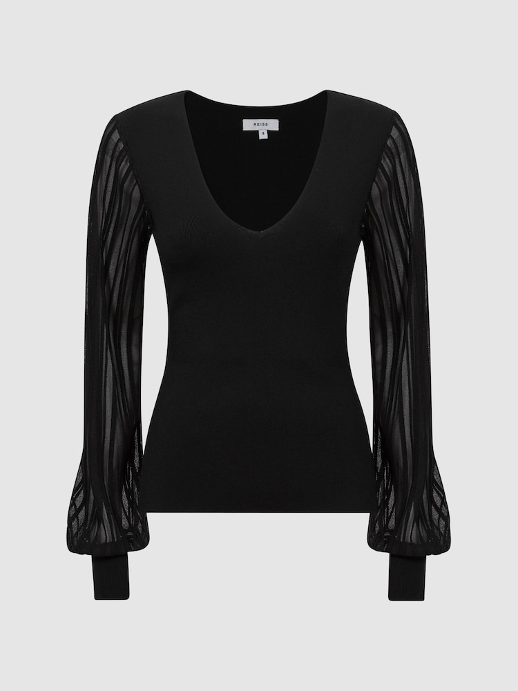 Reiss Black Brooklyn Sheer Sleeve V-Neck Top - Image 2 of 5