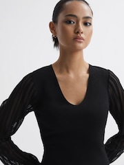 Reiss Black Brooklyn Sheer Sleeve V-Neck Top - Image 4 of 5