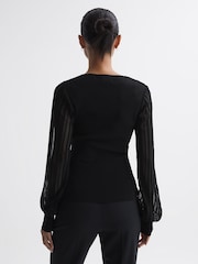 Reiss Black Brooklyn Sheer Sleeve V-Neck Top - Image 5 of 5