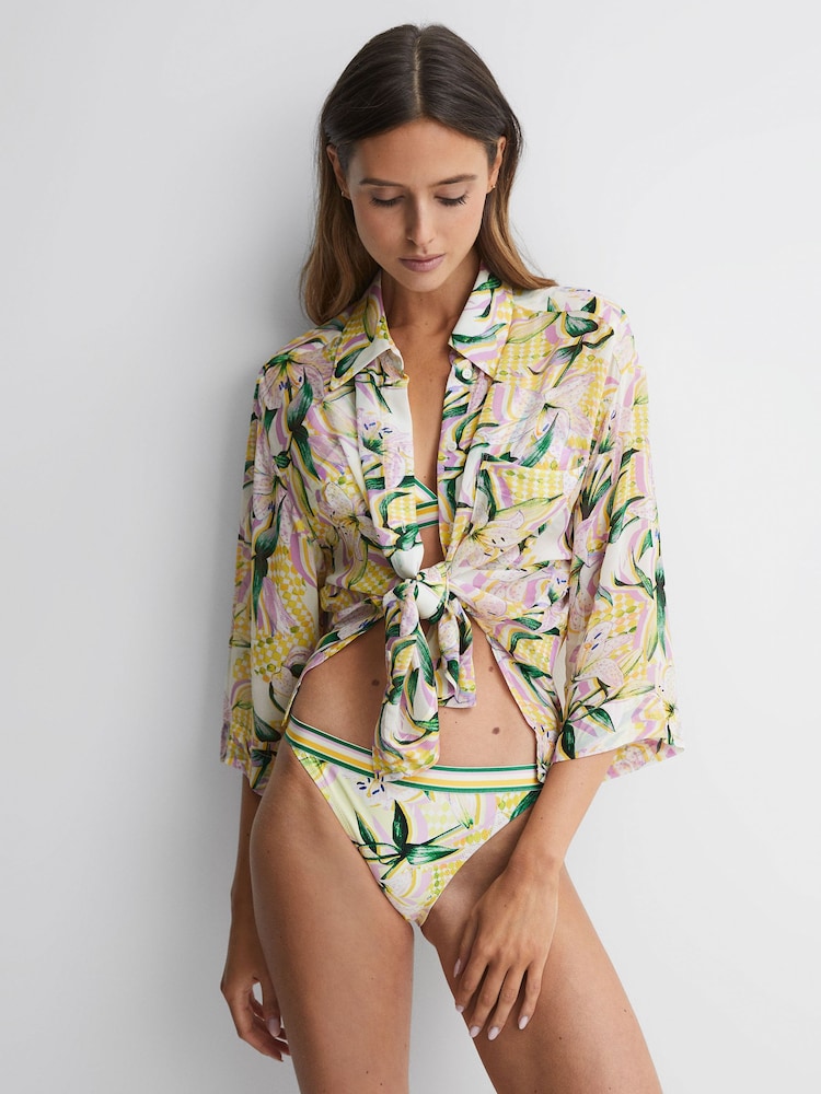 Reiss Yellow Print Anja Floral Print Button Through Shirt - Image 1 of 5