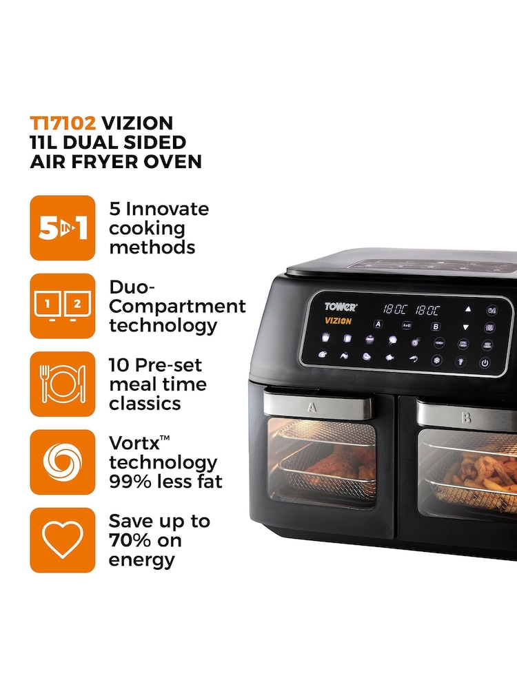 Tower Black Vortx Vizion 11L Dual Air Fryer - Image 2 of 8