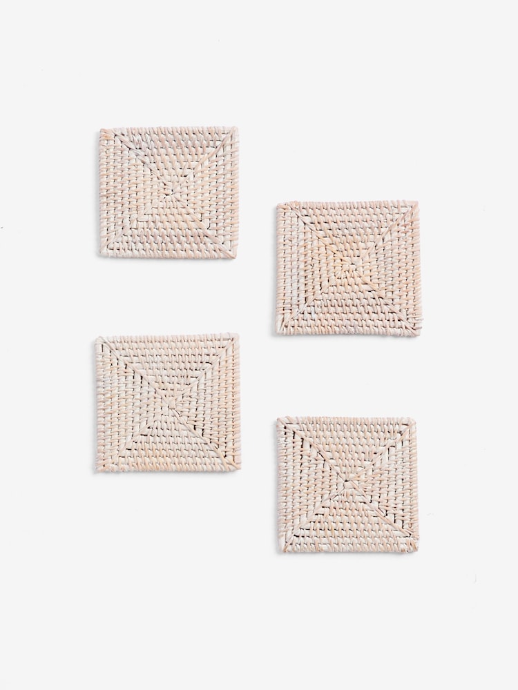 French Connection White Rattan Hand Woven Set of 4 Coasters - Image 2 of 2 French Connection White Rattan Hand Woven Set of 4 Coasters - Image 2 of 2