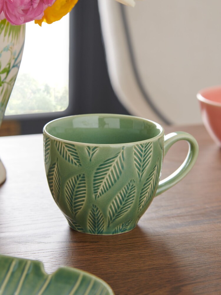 Nina Campbell Green Embossed Leaf Cappuccino Mug - Image 1 of 4