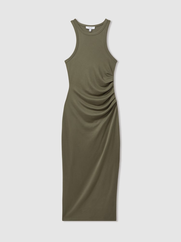 Reiss Khaki Lola Ruched Jersey Bodycon Midi Dress - Image 2 of 5