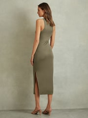 Reiss Khaki Lola Ruched Jersey Bodycon Midi Dress - Image 4 of 5