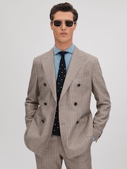 Reiss Mocha Epsom Slim Fit Wool-Silk-Linen Double Breasted Blazer - Image 1 of 8