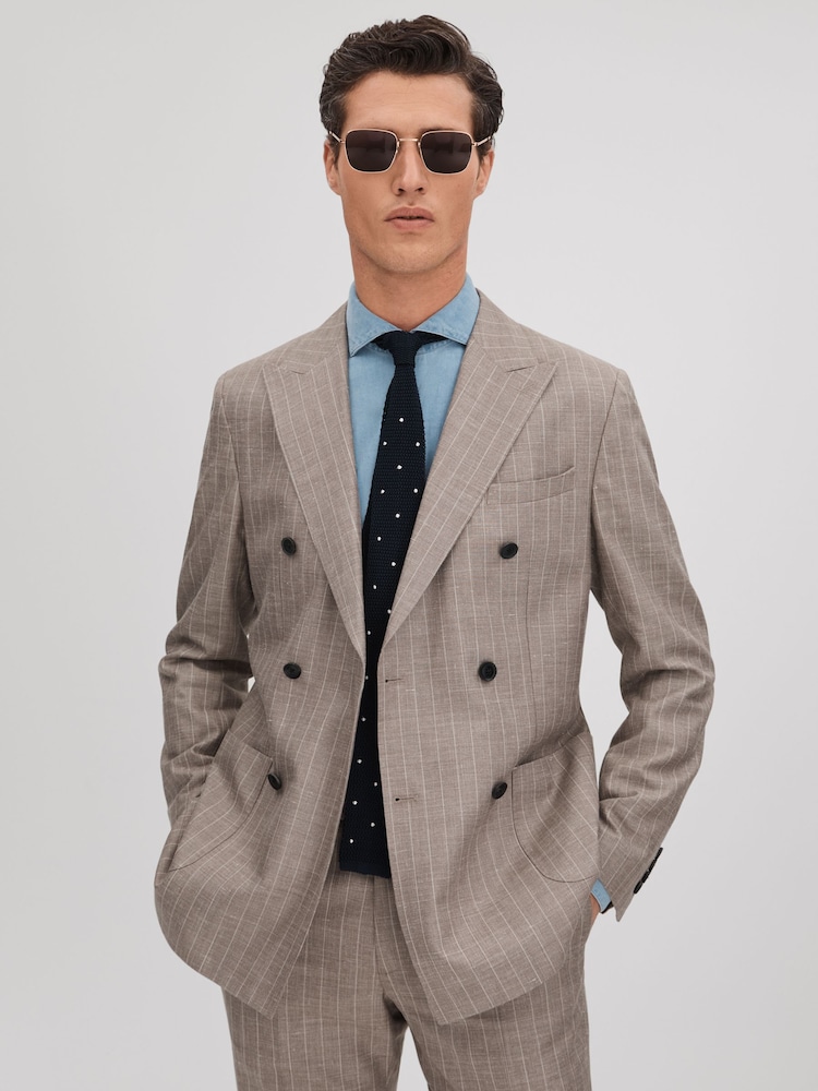 Reiss Mocha Epsom Slim Fit Wool-Silk-Linen Double Breasted Blazer - Image 1 of 8