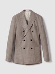 Reiss Mocha Epsom Slim Fit Wool-Silk-Linen Double Breasted Blazer - Image 2 of 8