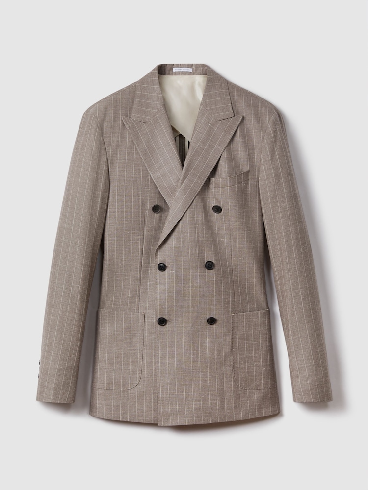Reiss Mocha Epsom Slim Fit Wool-Silk-Linen Double Breasted Blazer - Image 2 of 8
