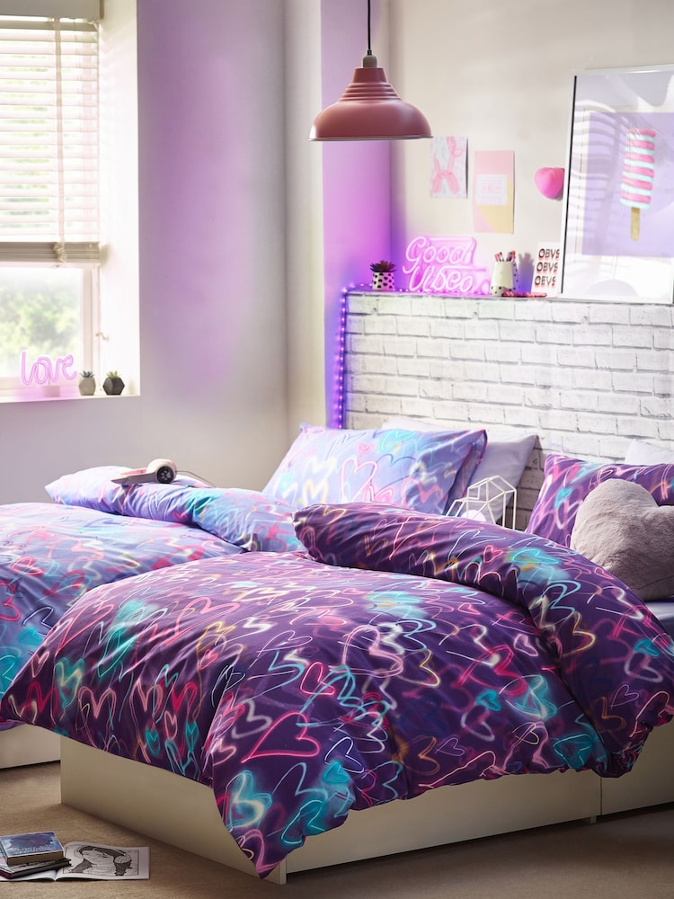 2 Pack Purple Neon Hearts Duvet Cover and Pillowcase Set - Image 2 of 4