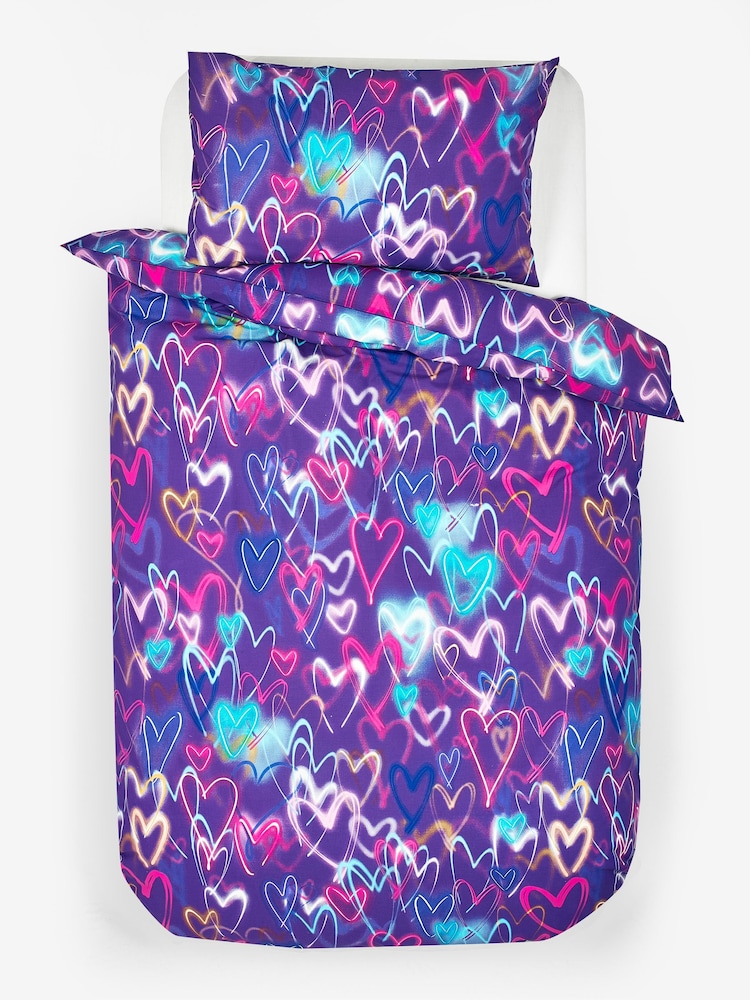 2 Pack Purple Neon Hearts Duvet Cover and Pillowcase Set - Image 4 of 4
