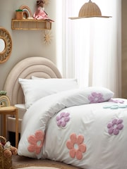 White Appliqué Daisy Flower Duvet Cover and Pillowcase Set - Image 1 of 5