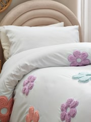 White Appliqué Daisy Flower Duvet Cover and Pillowcase Set - Image 2 of 5