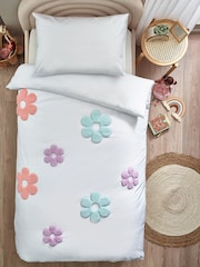 White Appliqué Daisy Flower Duvet Cover and Pillowcase Set - Image 4 of 5