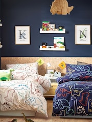 Ecru Cream/Navy Blue Dino Duvet Cover and Pillowcase Set - Image 1 of 7