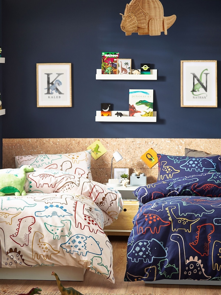 Ecru Cream/Navy Blue Dino Duvet Cover and Pillowcase Set - Image 1 of 7