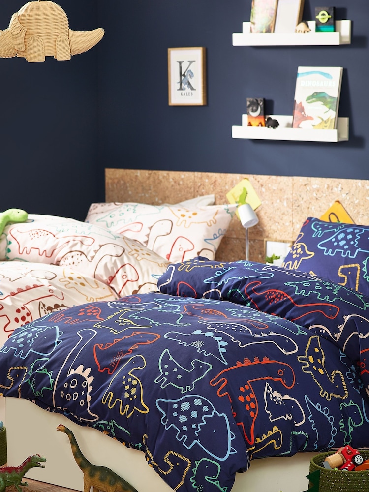 Ecru Cream/Navy Blue Dino Duvet Cover and Pillowcase Set - Image 2 of 7