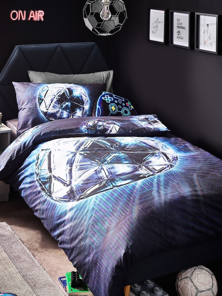 Navy Blue Football 100% Cotton Printed Bedding Duvet Cover and Pillowcase Set - Image 1 of 5