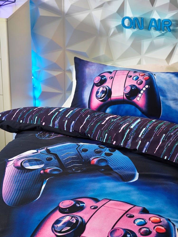 Navy Blue Gamer Duvet Cover and Pillowcase Set - Image 1 of 6