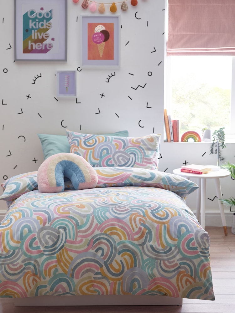 Teal Blue Abstract Rainbow Printed Polycotton Duvet Cover and Pillowcase Bedding - Image 1 of 8 Teal Blue Abstract Rainbow Printed Polycotton Duvet Cover and Pillowcase Bedding - Image 1 of 8