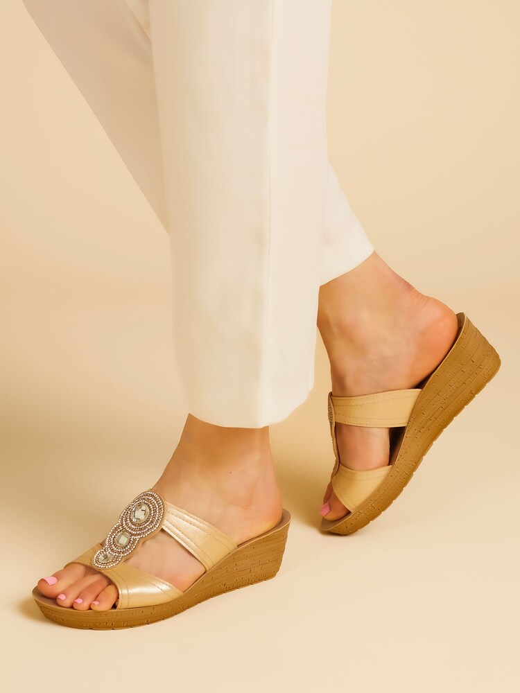 Pavers Gold Embellished Wedge Sandals - Image 1 of 6