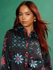Another Sunday Long Sleeved Satin Oversized Shirt In Multi Print - Image 3 of 9