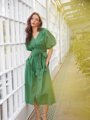 Another Sunday Green 100% Cotton Puff Sleeve Midi Dress with Tie Waist In White - Image 2 of 6