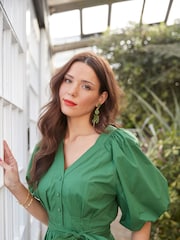 Another Sunday Green 100% Cotton Puff Sleeve Midi Dress with Tie Waist In White - Image 4 of 6