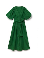 Another Sunday Green 100% Cotton Puff Sleeve Midi Dress with Tie Waist In White - Image 5 of 6