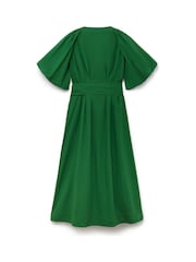 Another Sunday Green 100% Cotton Puff Sleeve Midi Dress with Tie Waist In White - Image 6 of 6