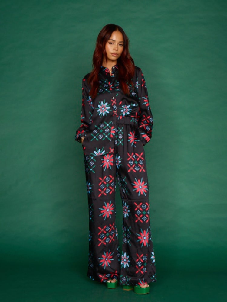 Another Sunday Satin Wide Leg Printed Trouser With Elasticated Waist In Print - Image 1 of 6 Another Sunday Satin Wide Leg Printed Trouser With Elasticated Waist In Print - Image 1 of 6