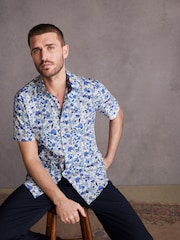 White/Blue Floral Signature Made With Italian Fabric Printed Short Sleeve Shirt - Image 1 of 7