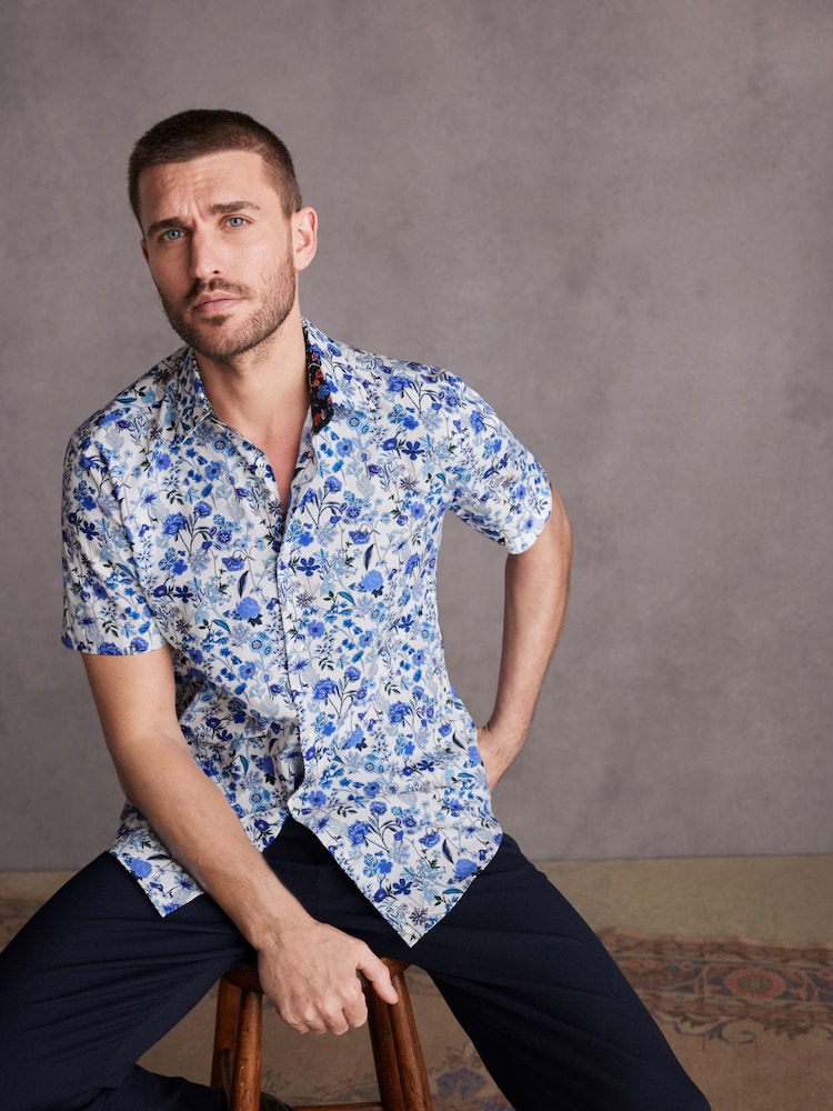 White/Blue Floral Signature Made With Italian Fabric Printed Short Sleeve Shirt - Image 1 of 7