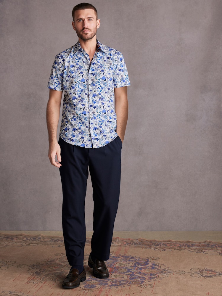 White/Blue Floral Signature Made With Italian Fabric Printed Short Sleeve Shirt - Image 2 of 7