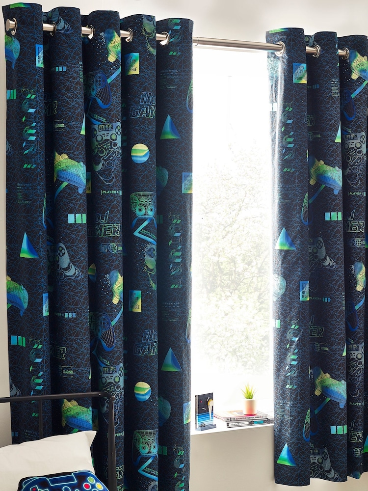 Navy Blue Gamer Eyelet Blackout Curtains - Image 1 of 3 Navy Blue Gamer Eyelet Blackout Curtains - Image 1 of 3