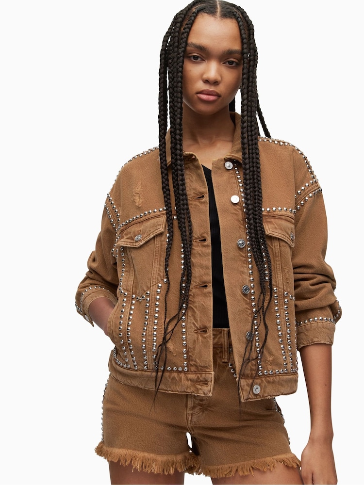 AllSaints Brown Bella Studded Jacket - Image 1 of 7