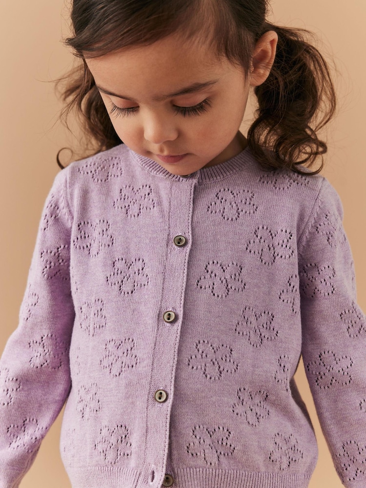 Lila vijolična - 100% Cotton Flower Pointelle pletena jopa (3m-10let) - Slika 1 iz 7