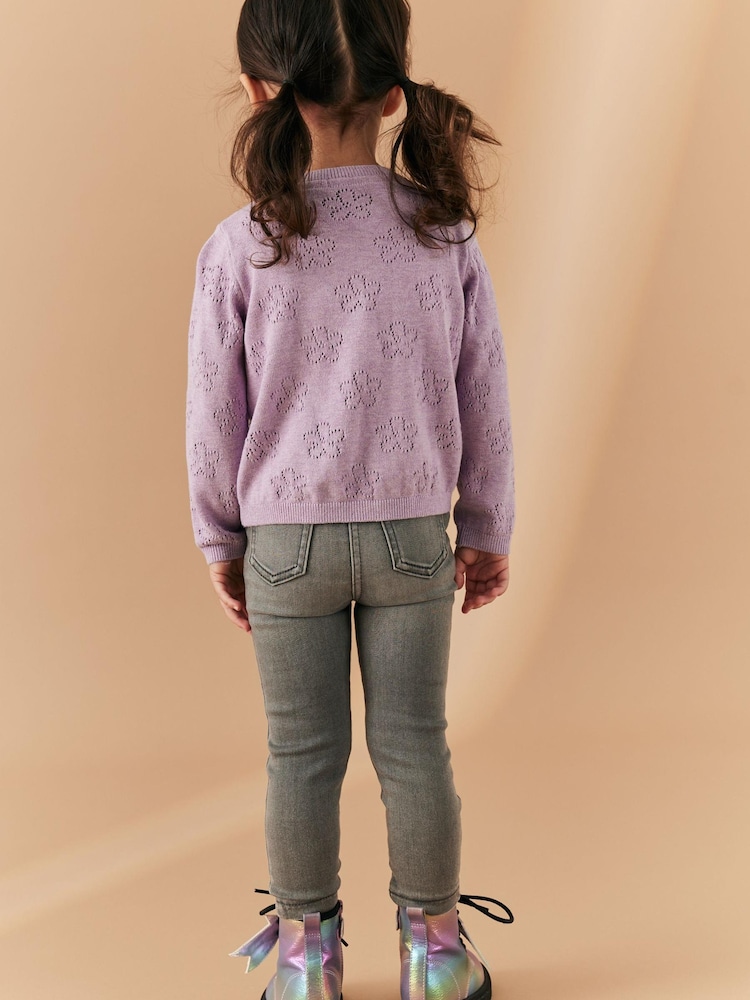 Lila vijolična - 100% Cotton Flower Pointelle pletena jopa (3m-10let) - Slika 2 iz 7