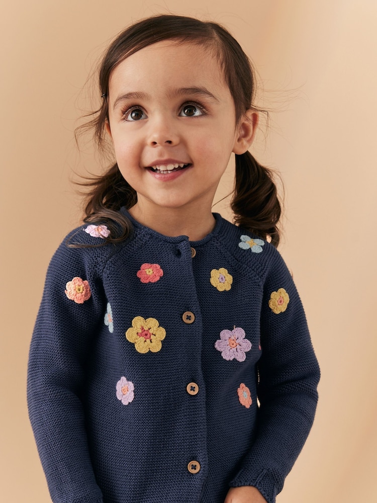 Navy Crochet Flower Cardigan (3mths-7yrs) - Image 1 of 7 Navy Crochet Flower Cardigan (3mths-7yrs) - Image 1 of 7