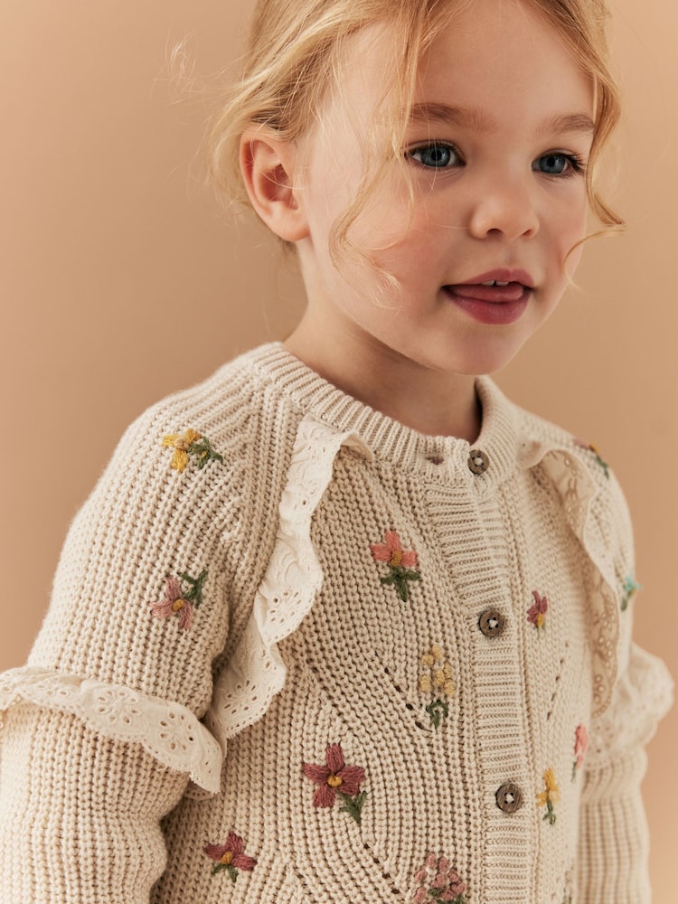 Ecru Cream Marl Broderie Frill Cardigan (3mths-7yrs) - Image 2 of 7