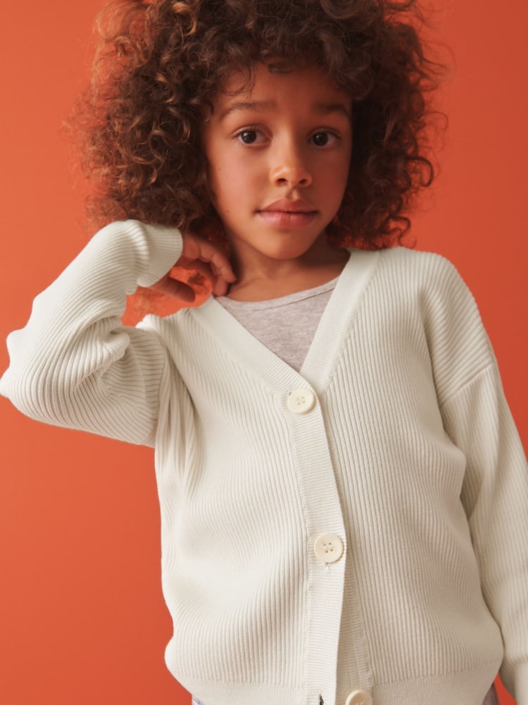 Ecru Cream Ribbed V-Neck Cardigan (3-16yrs) - Image 1 of 6 Ecru Cream Ribbed V-Neck Cardigan (3-16yrs) - Image 1 of 6