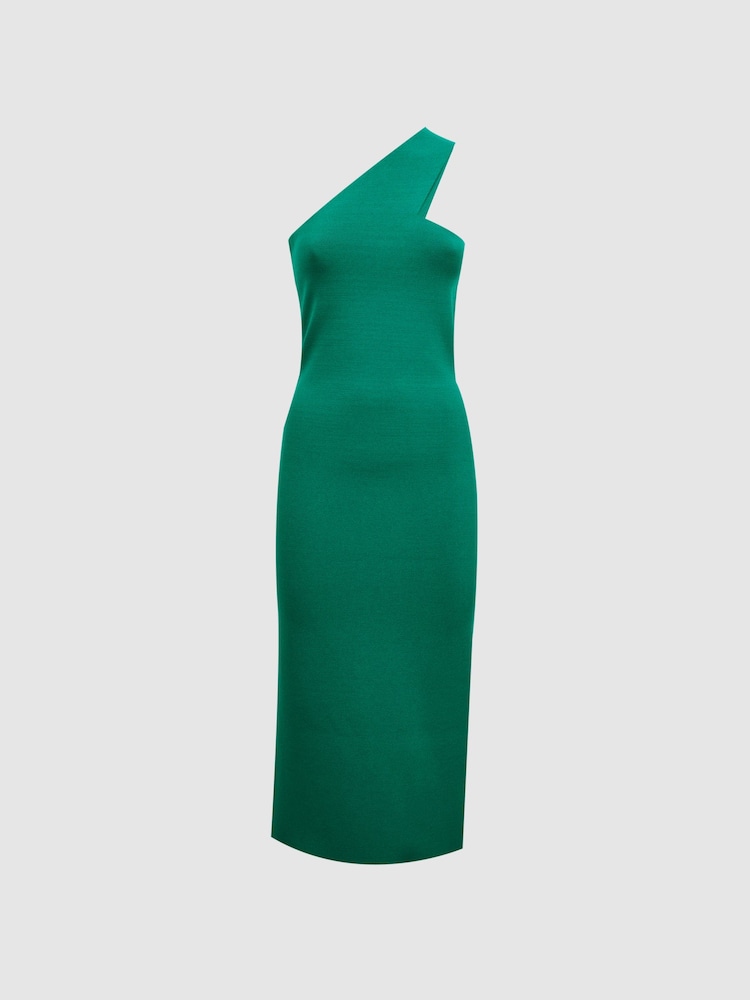Reiss Green Lola Knitted One Shoulder Bodycon Midi Dress - Image 2 of 4