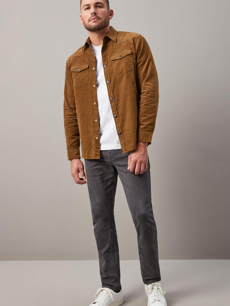 Brown Cord Twin Pocket Western Long Sleeve 100% Cotton Shirt - Image 2 of 9