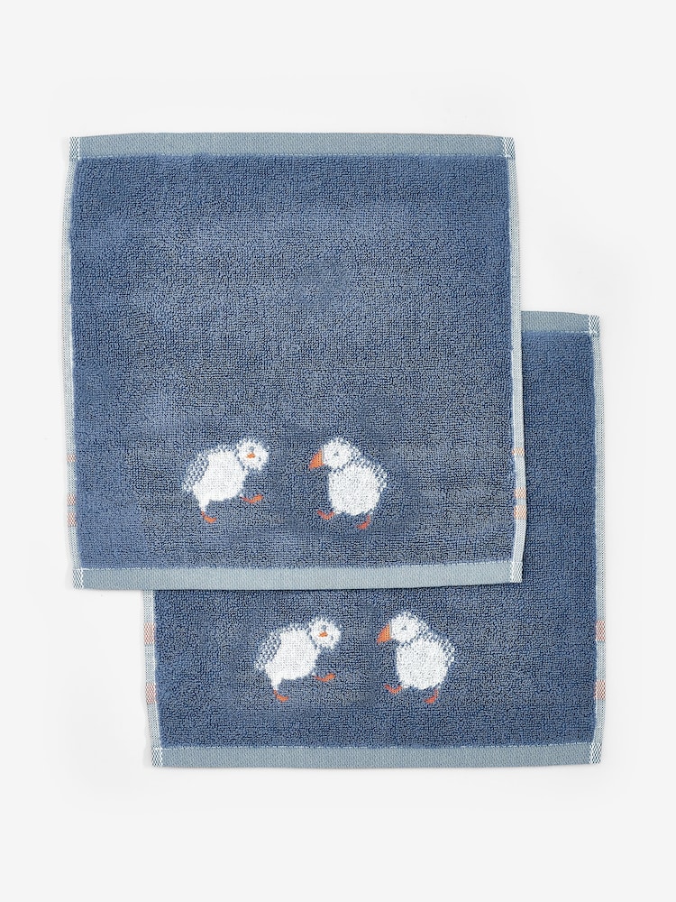 Set of 2 Blue Puffin 100% Cotton Face Cloths - Image 2 of 3