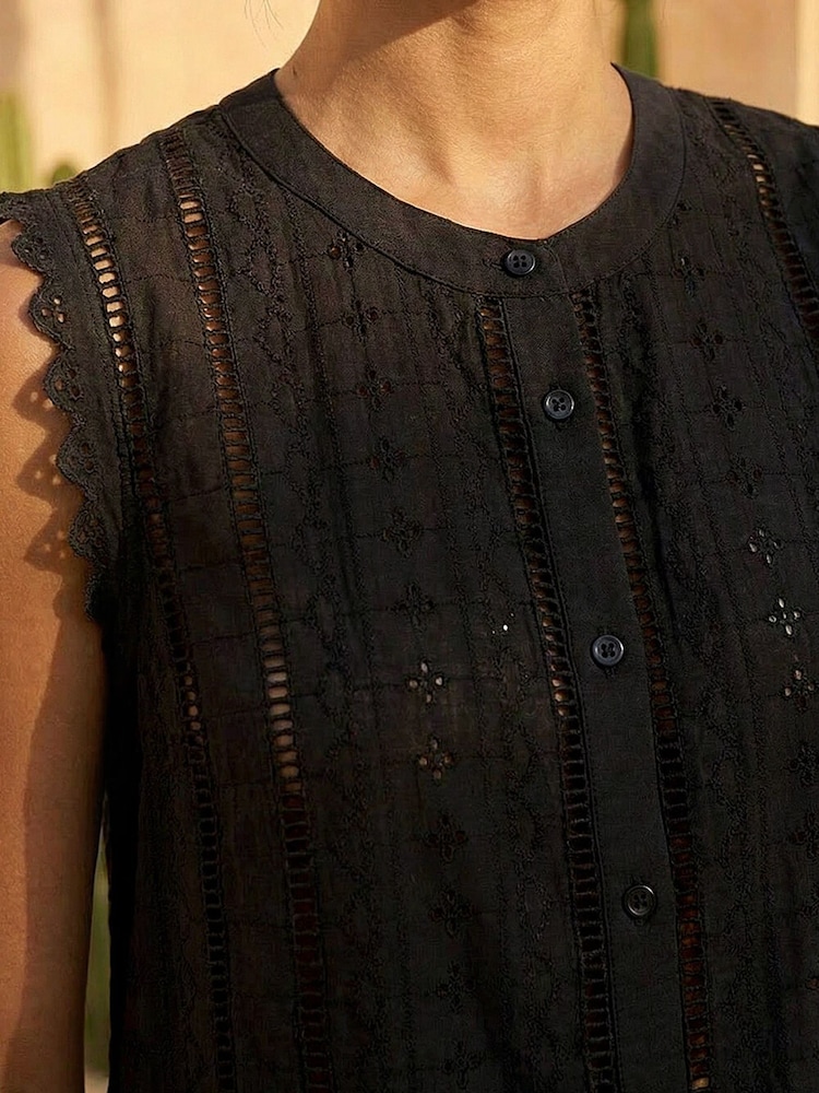 Roman Black Embroidered Cotton Scallop Blouse - Image 4 of 4