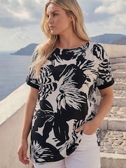 Roman Black Curve Mono Floral Print Stretch Top - Image 1 of 4