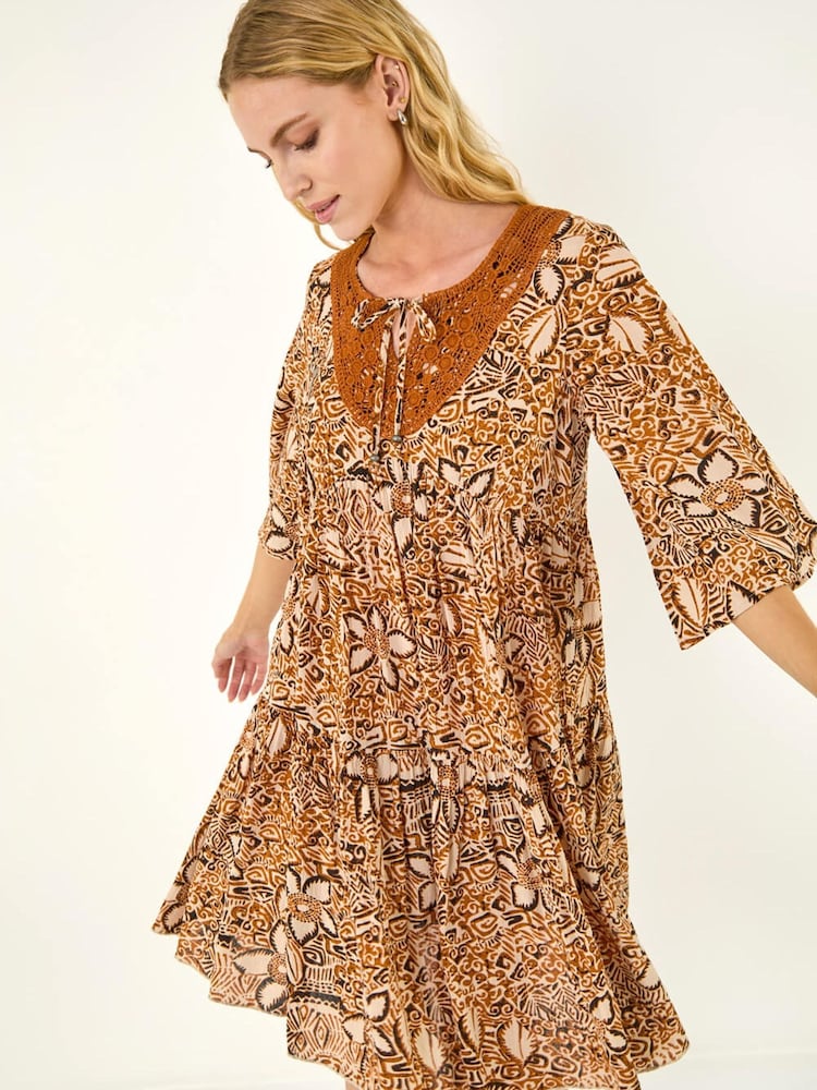 Roman Brown Abstract Print Trim Detail Tie Front Dress - Image 1 of 4