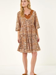 Roman Brown Abstract Print Trim Detail Tie Front Dress - Image 2 of 4