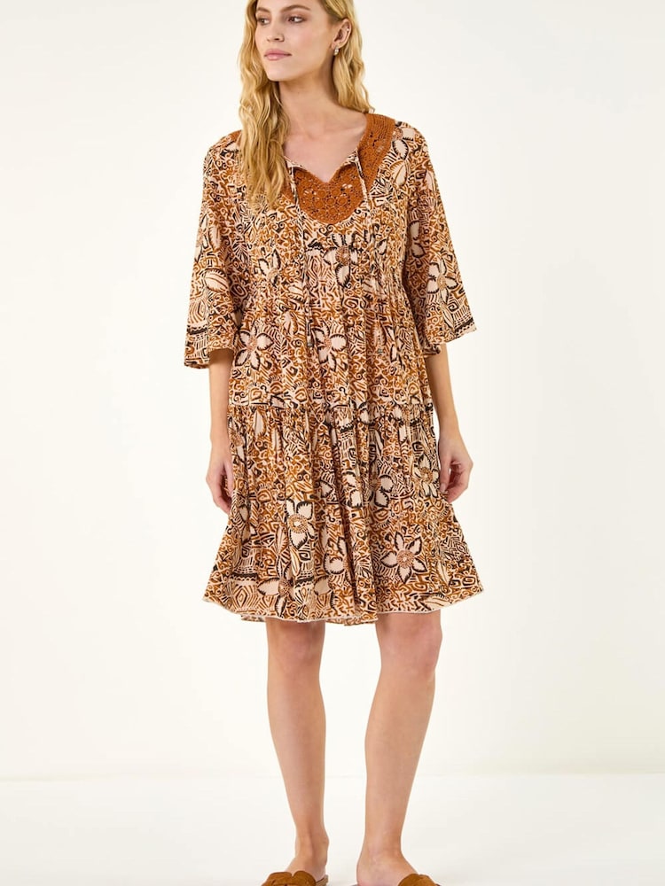 Roman Brown Abstract Print Trim Detail Tie Front Dress - Image 2 of 4