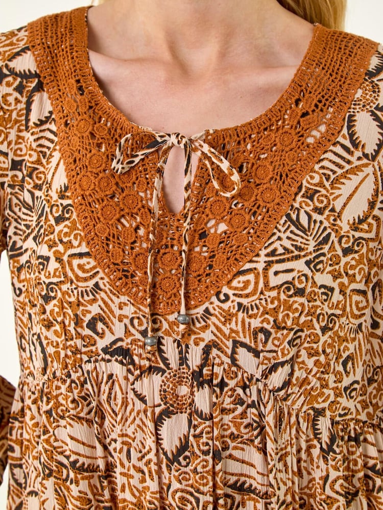 Roman Brown Abstract Print Trim Detail Tie Front Dress - Image 4 of 4